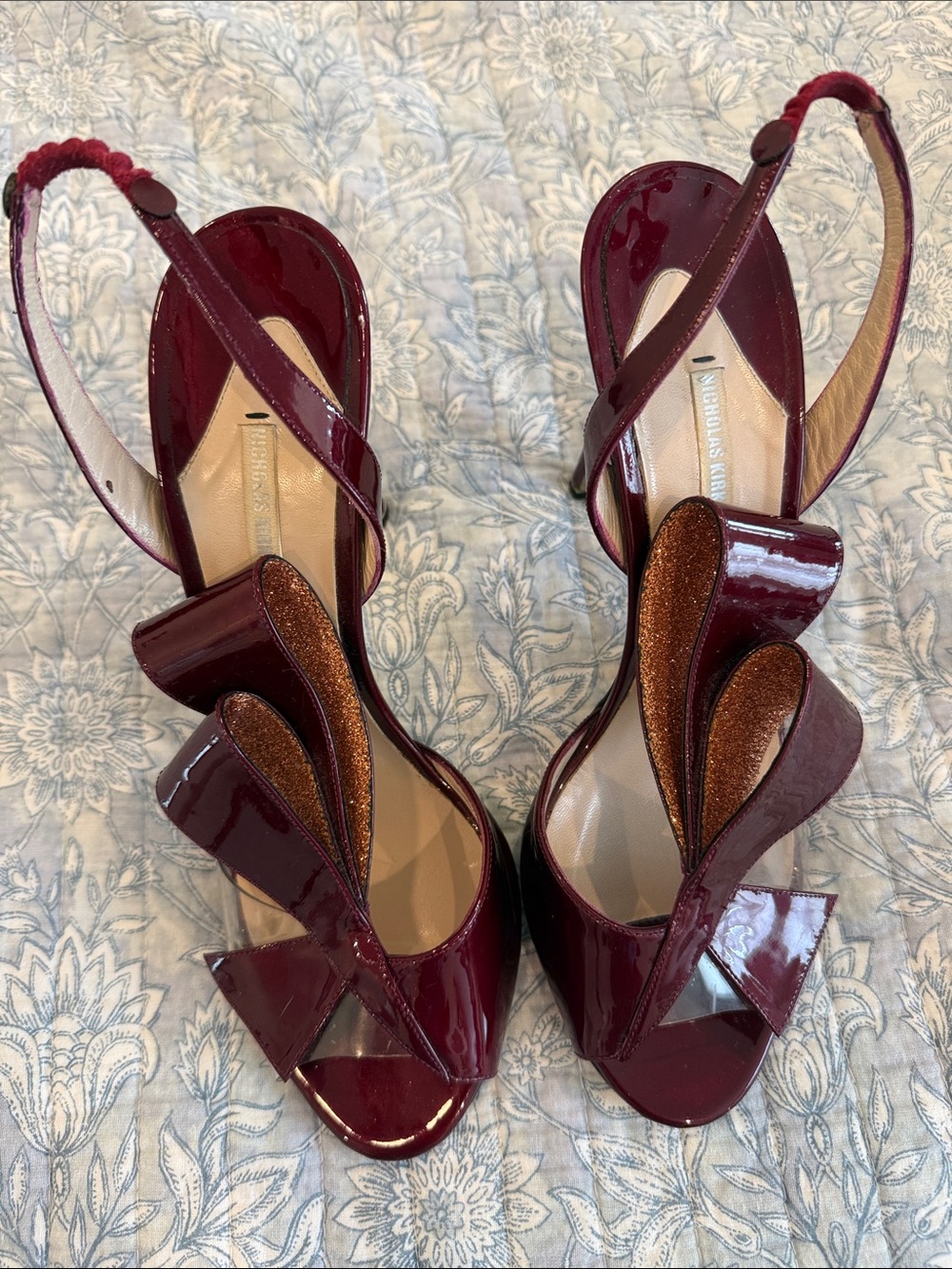 Nicholas Kirkwood BurgundyPatent Slingback Heels with Sculptural Bow Detail